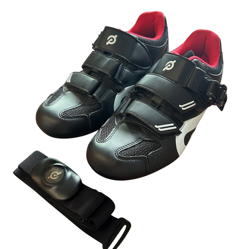 Peloton Cycling Shoes Men Black White Red Heart Rate Monitor Bundle Size 44